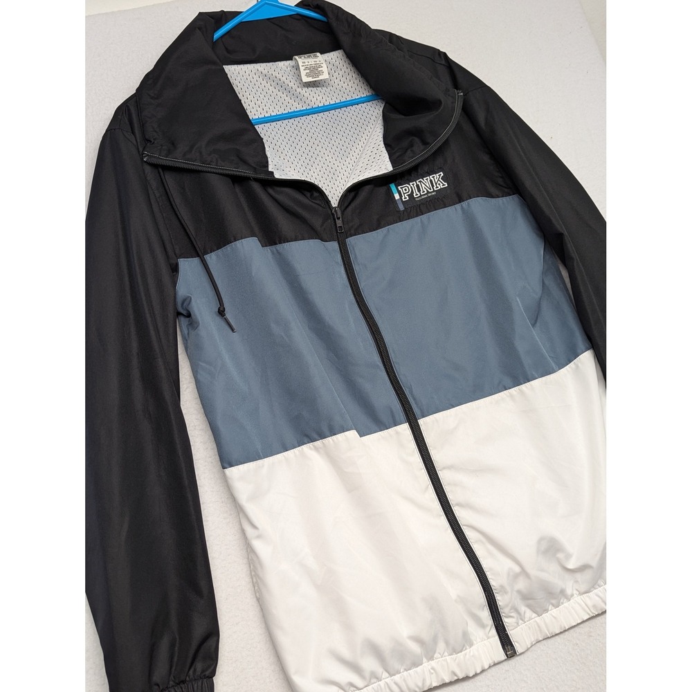Victoria's Secret PINK Womens Windbreaker Jacket Black Grey White Full Zip XS